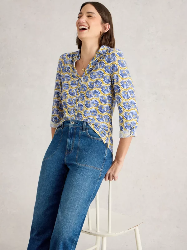 Chemisier 100% coton bleu et moutarde – Image 4