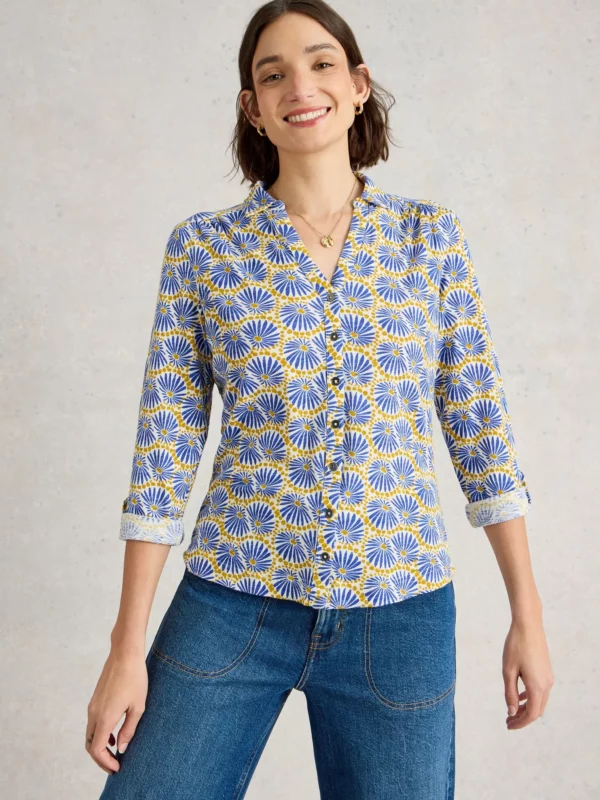 Chemisier 100% coton bleu et moutarde
