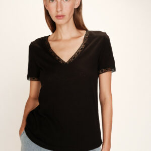T-shirt col V dentelle noir