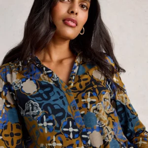 Chemisier 100% coton bleu et camel