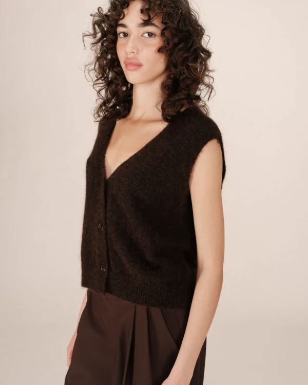 Gilet sans manches laine et mohair chocolat – Image 4