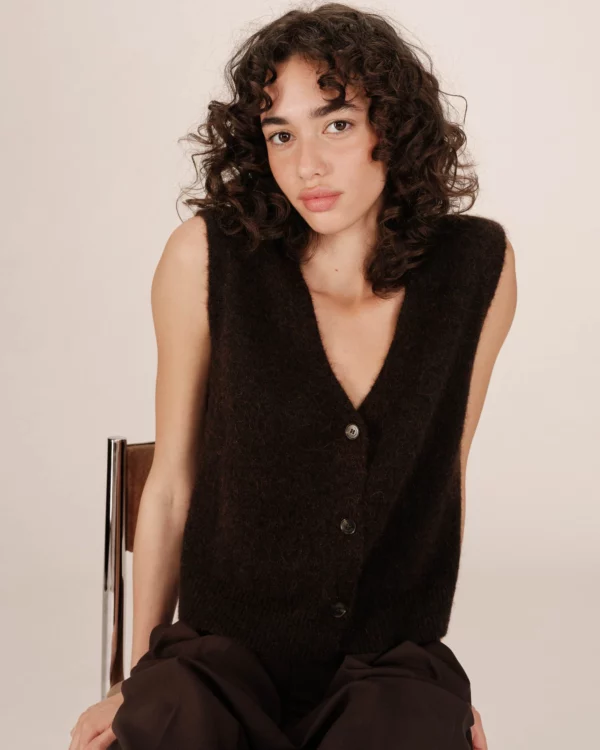Gilet sans manches laine et mohair chocolat