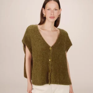 Cardigan sans manches laine et alpaga vert olive