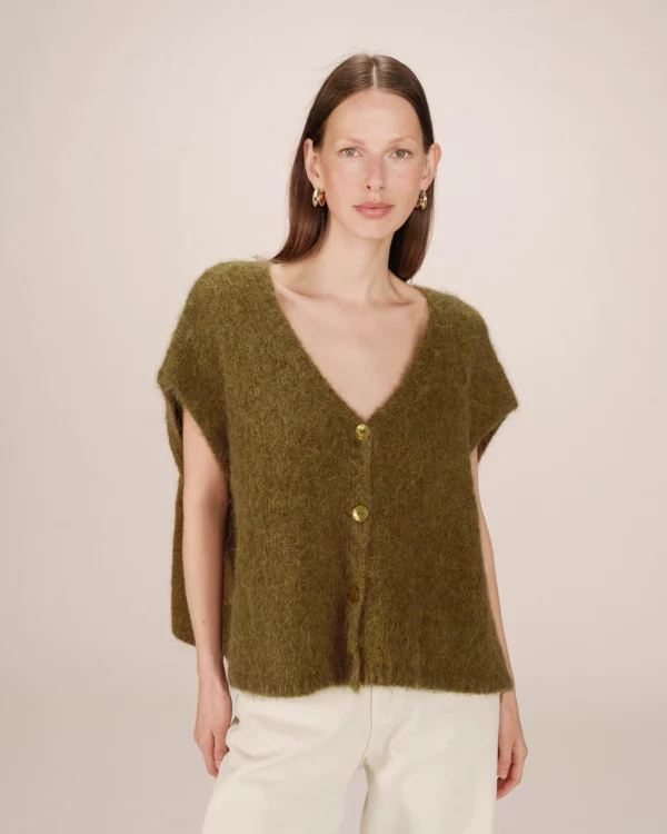 Cardigan sans manches laine et alpaga vert olive