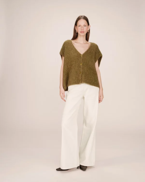 Cardigan sans manches laine et alpaga vert olive – Image 5