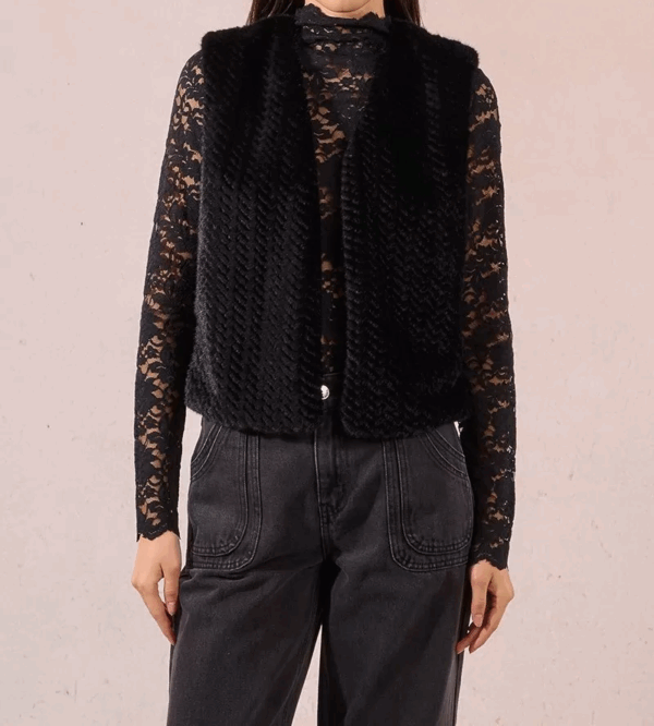 Gilet sans manches en fauss fourrure noir – Image 5