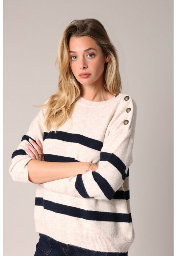 Pull rayé beige et bleu