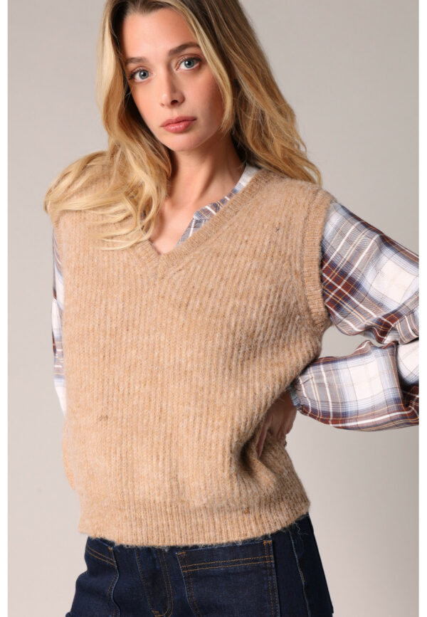Pull sans manches mailles côtelées beige – Image 2
