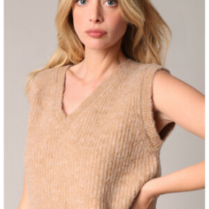 Pull sans manches mailles côtelées beige