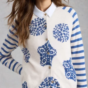 Gilet boutonné imprimé écru et bleu