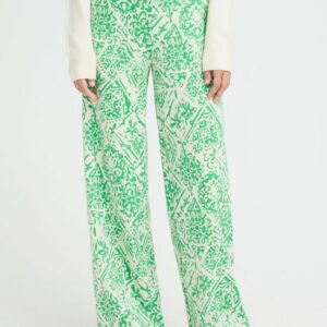 Pantalon large imprimé vert et écru
