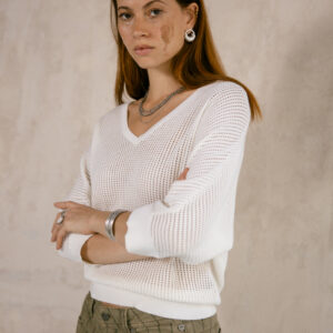 Pull ajouré blanc manches 3/4