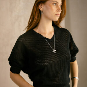 Pull ajouré noir manches 3/4