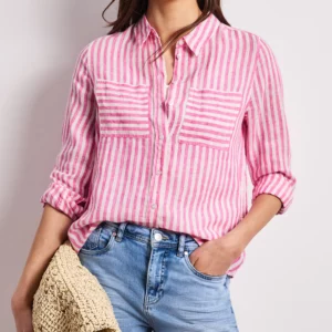 Chemisier rayé rose en lin