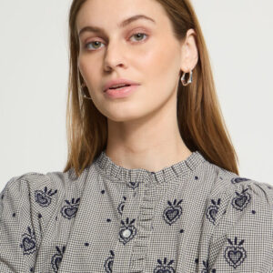 Blouse à carreaux et brodée bleu