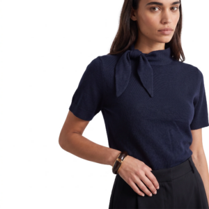 Pull manches courtes avec nœud bleu marine