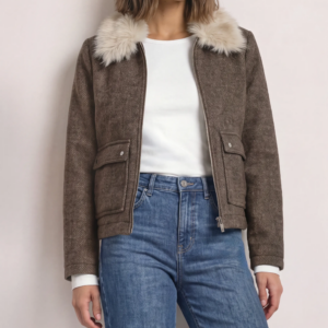 Blouson en laine et col fausse fourrure