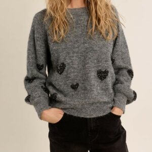 Pull gris motifs cœurs