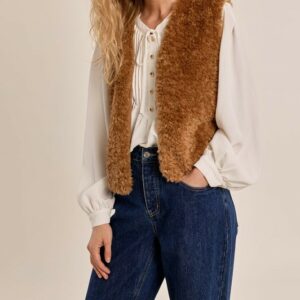 Veste sans manches imitation mouton camel